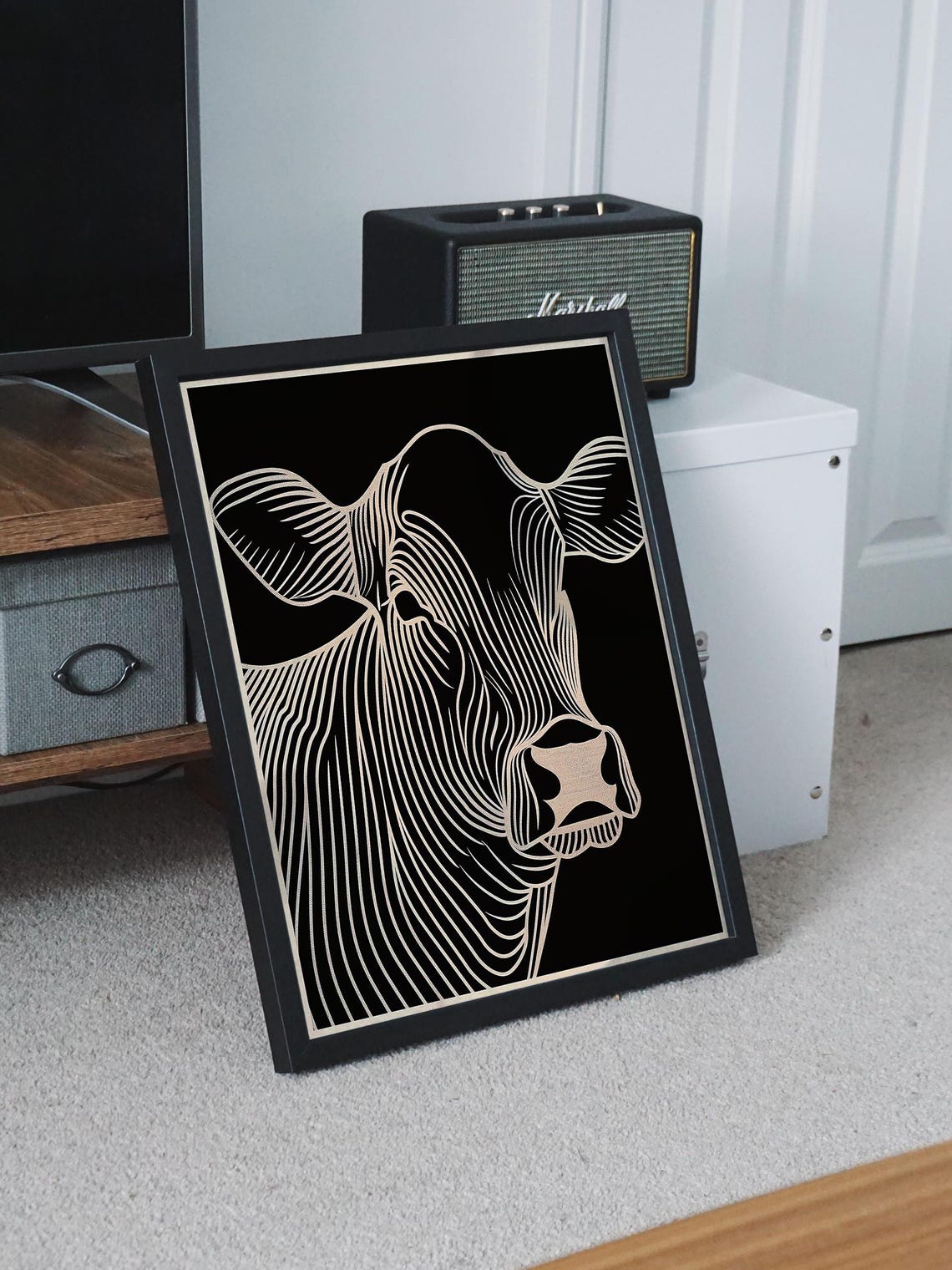 White Line Art Cow Head on a Dramatic Black Background Poster - Image 8