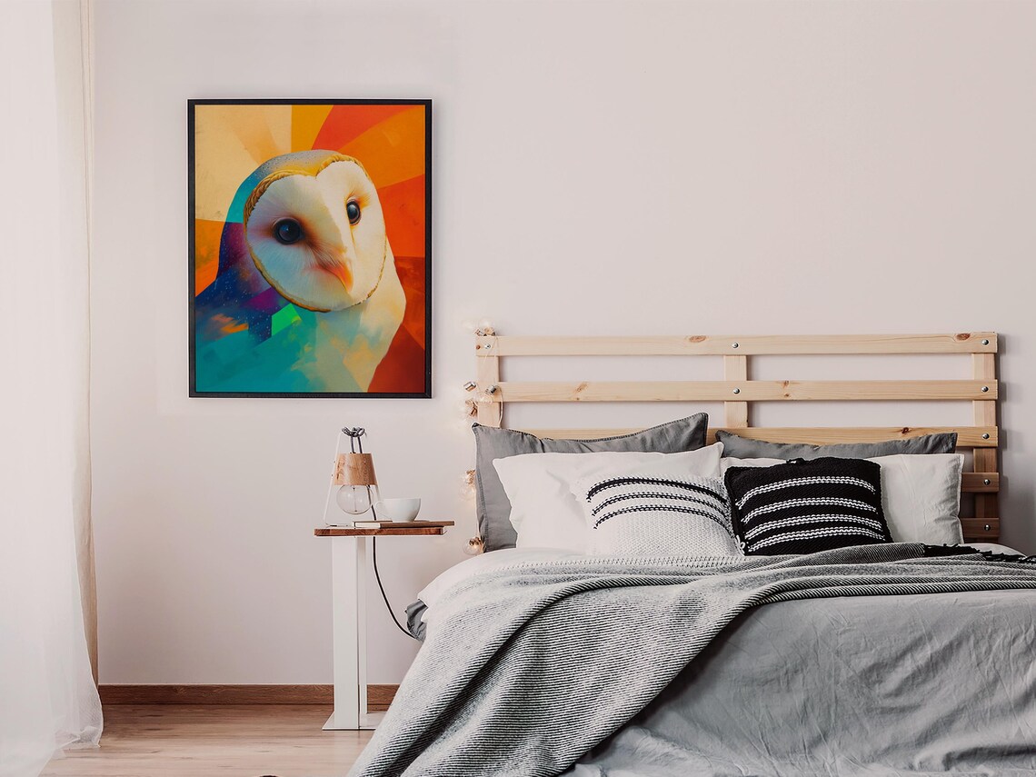 Barn Owl Face Close-Up With Orange and Teal Sunburst Colors Art Poster - Image 6