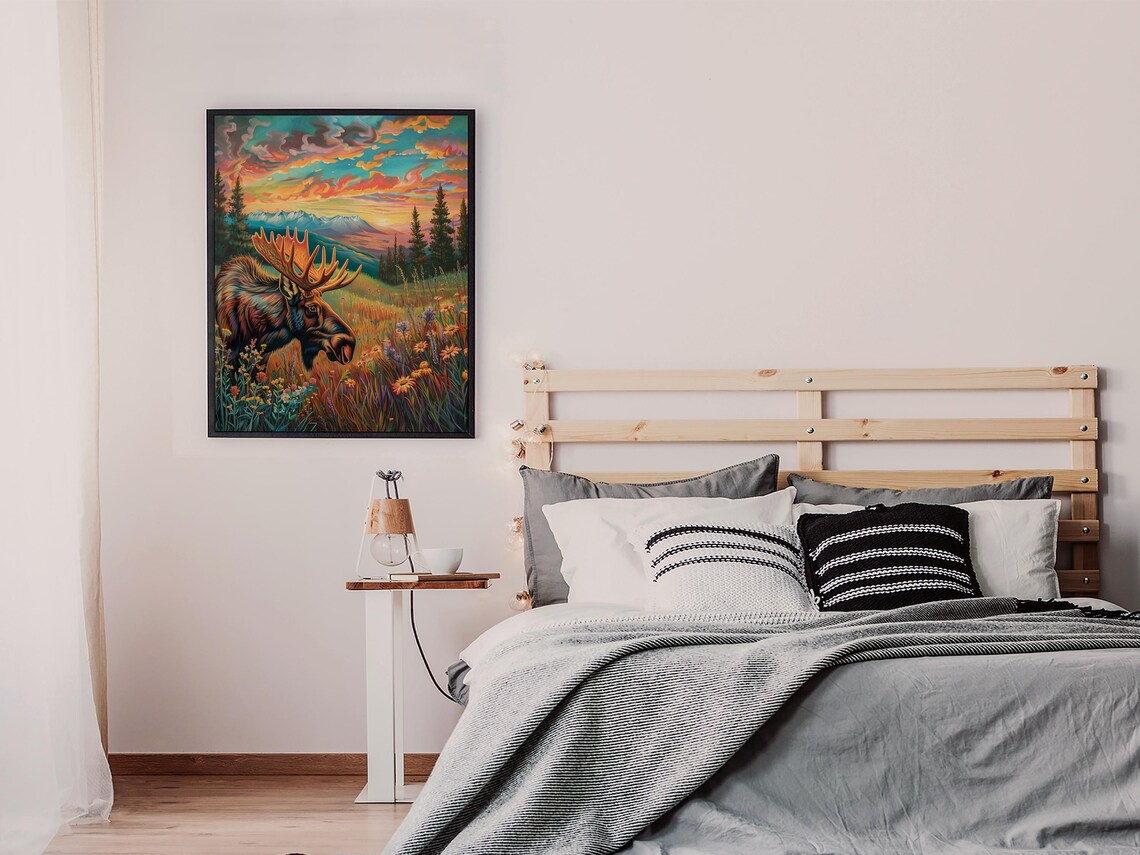 Moose in Wildflower Meadow Colorful Sunset Mountain View Poster - Image 4