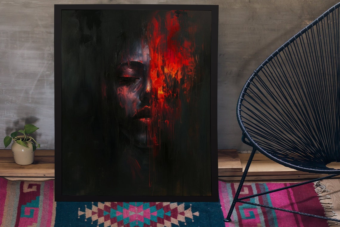 Half Face in Darkness With Fiery Red Abstract Oil Art Poster - Image 2