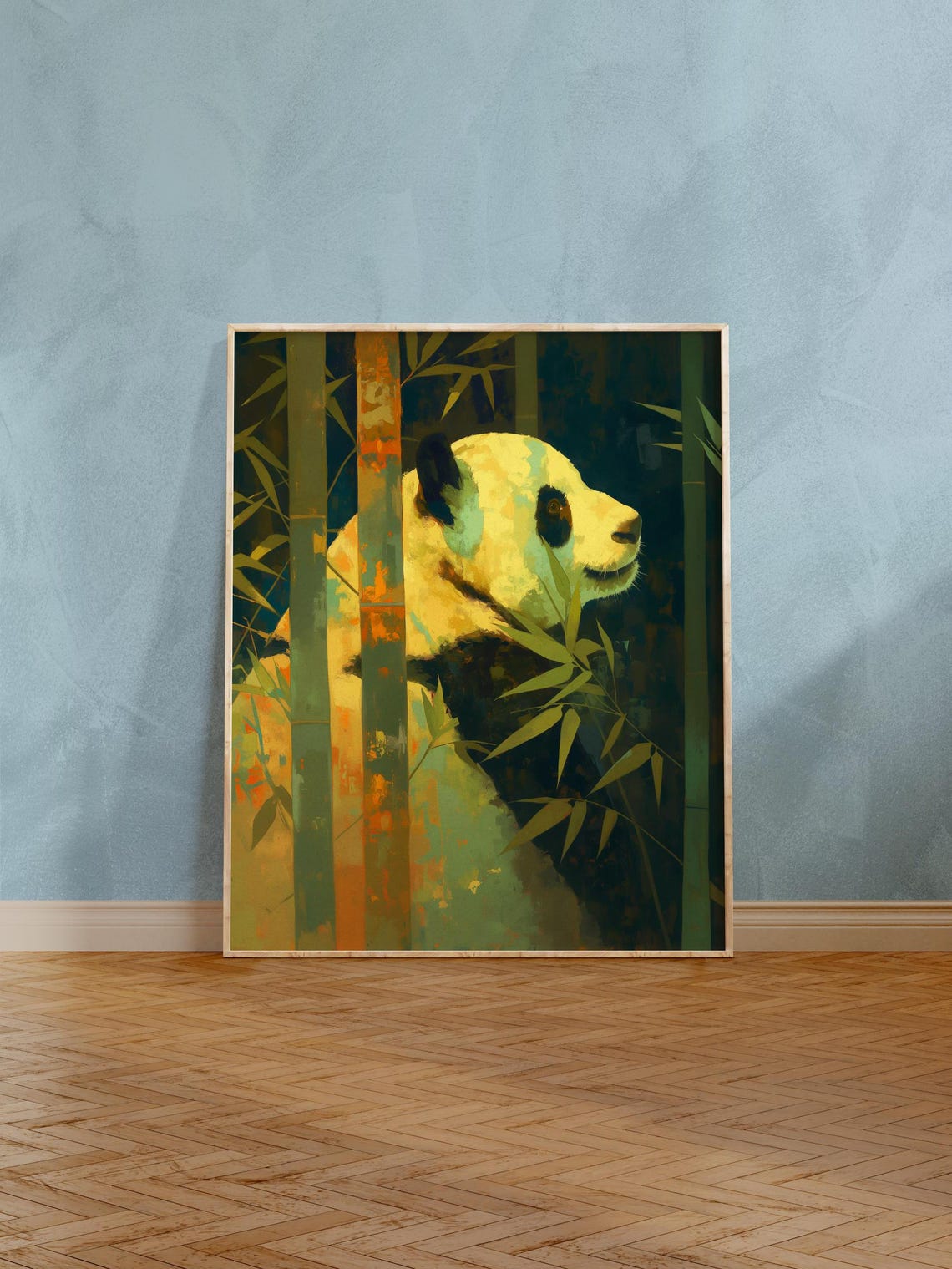 Moody Giant Panda Profile Peeking Through Dark Teal Bamboo Art Poster - Image 3
