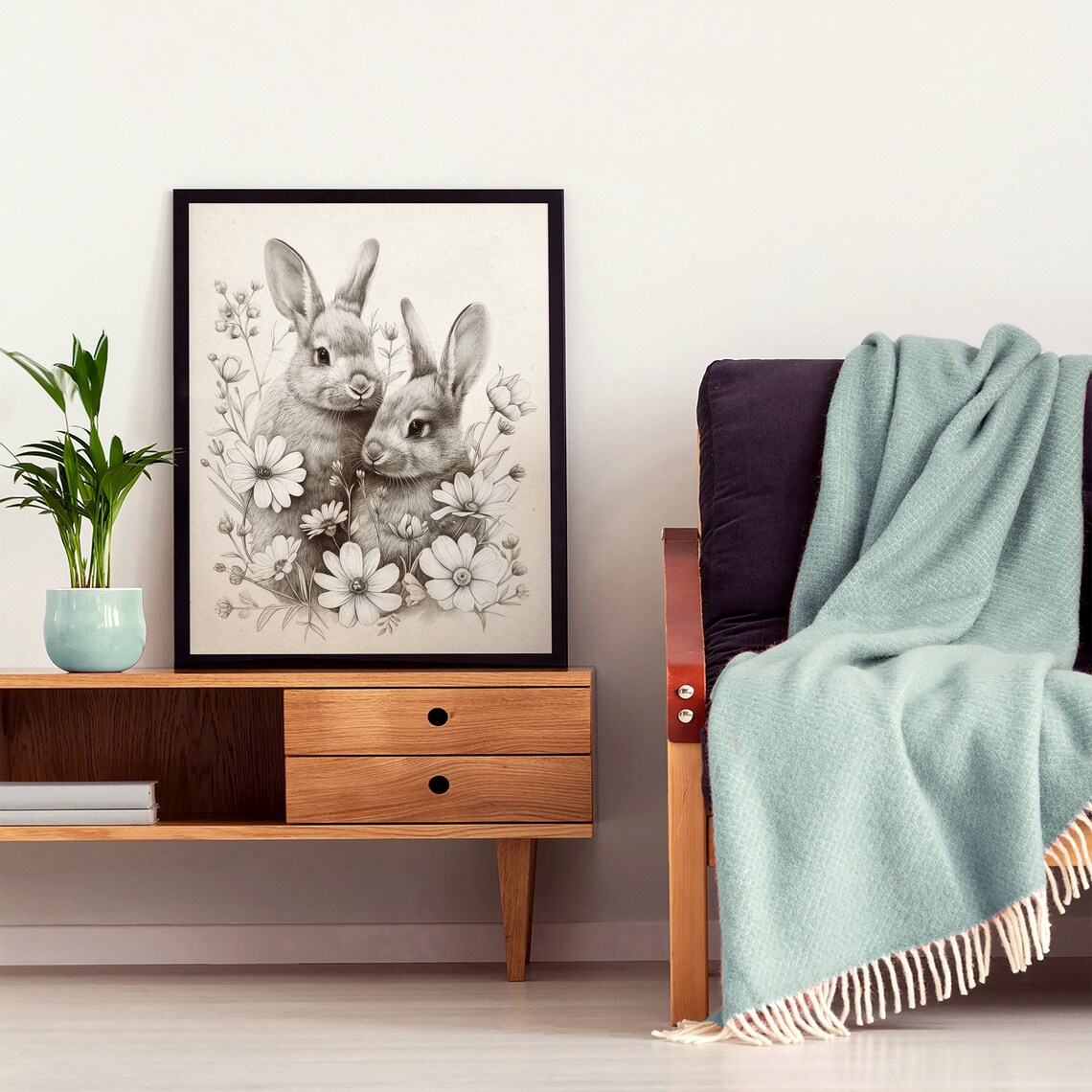 Two Rabbits Among Flowers Graphite Pencil Sketch Animal Poster - Image 6