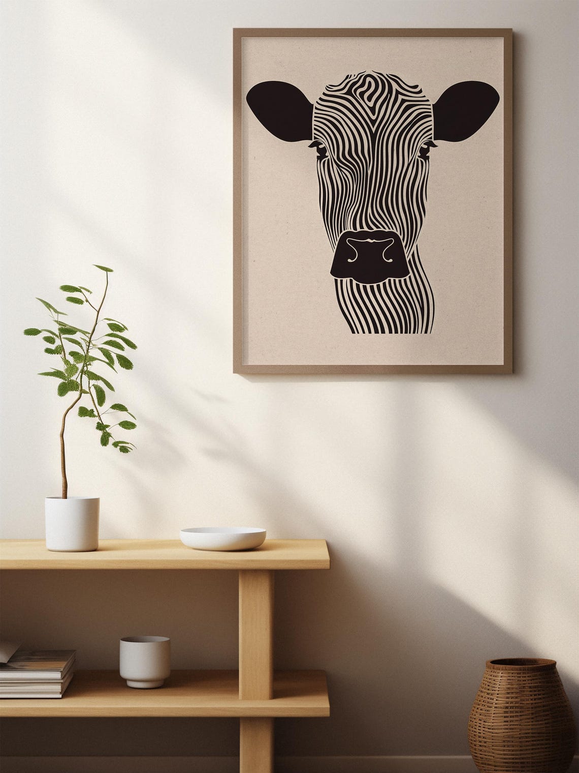 Bold Graphic Black and White Zebra-Striped Cow Head Line Art Poster - Image 2