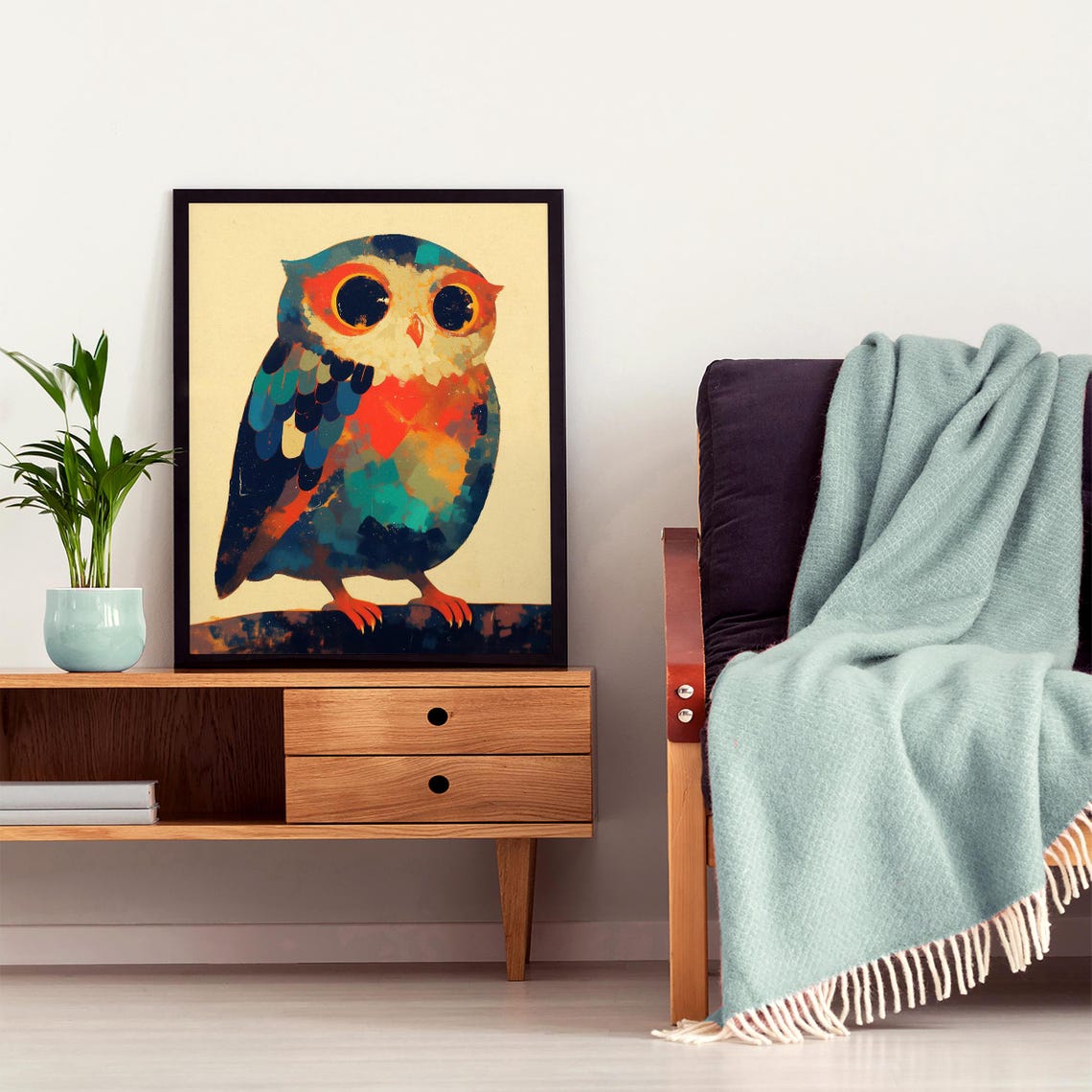Cute Stylized Owl With Big Round Eyes in Teal and Orange Tones Poster - Image 5