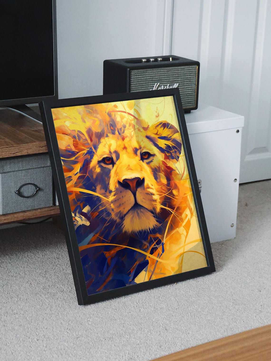 Golden Lion Face in Explosive Blue and Yellow Brushstrokes Poster - Image 8