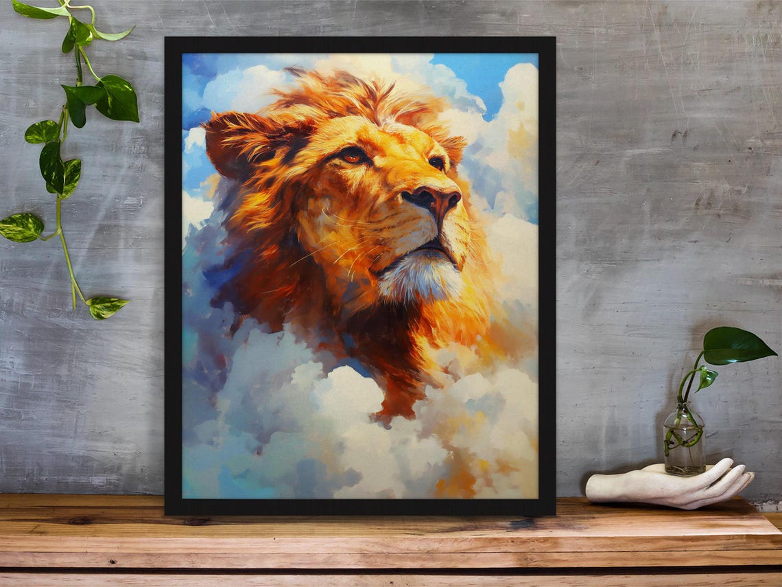Noble Lion Emerging from Soft Clouds in a Bright Blue Sky Poster - Image 5