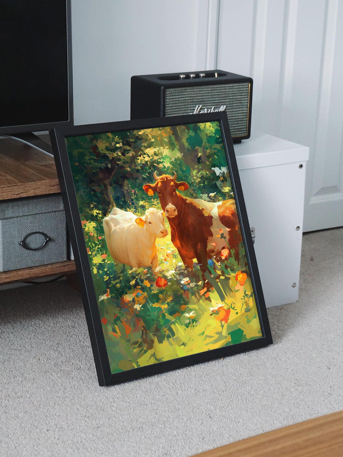 Brown Cow and White Calf in a Sunny Wildflower Meadow Poster - Image 8