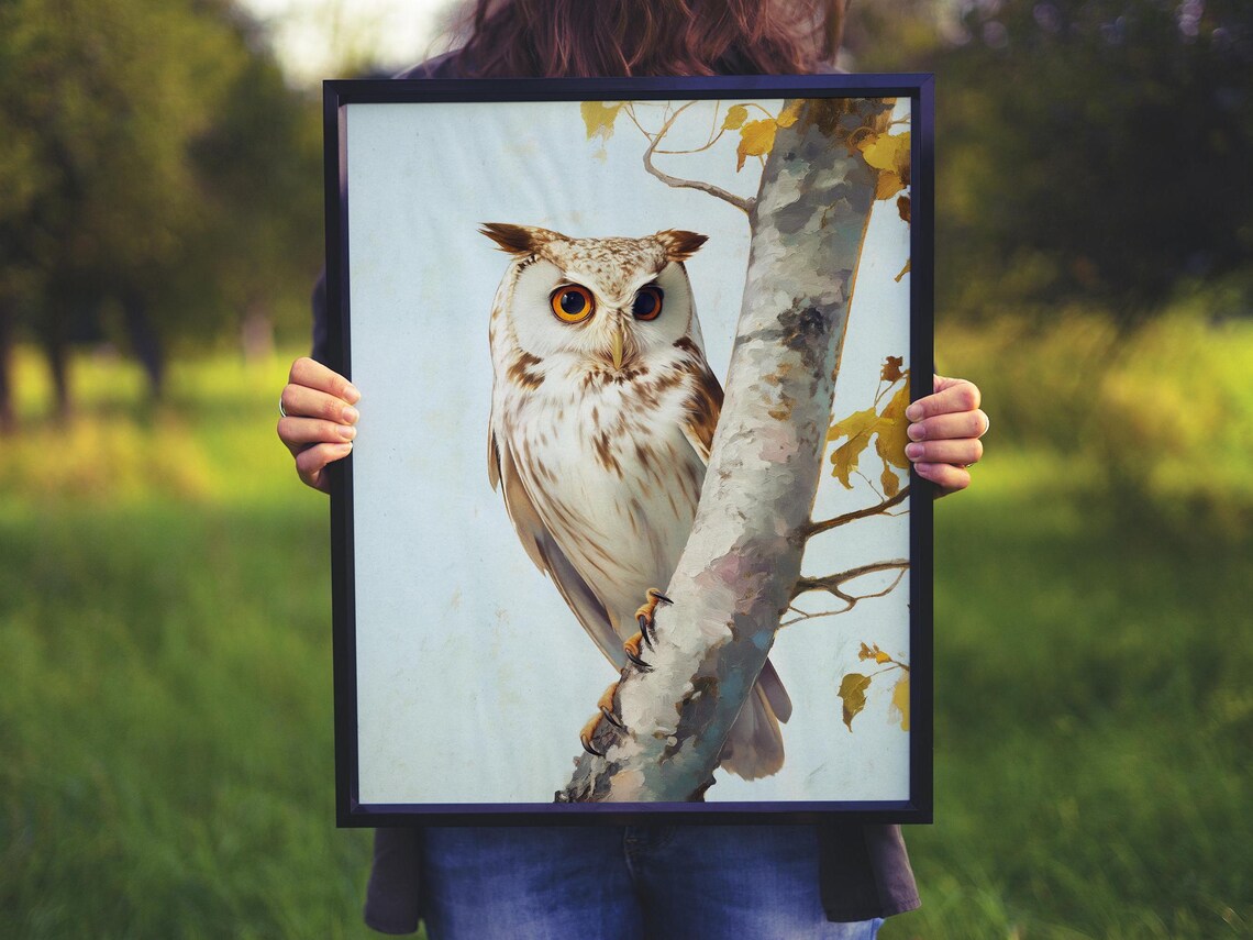 White Owl Perched on a Birch Branch with Autumn Leaves Poster - Image 5