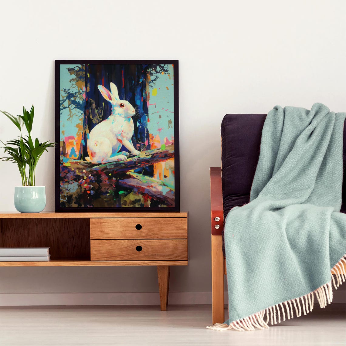 White Rabbit Sitting on a Branch With Colorful Abstract Forest Poster - Image 5