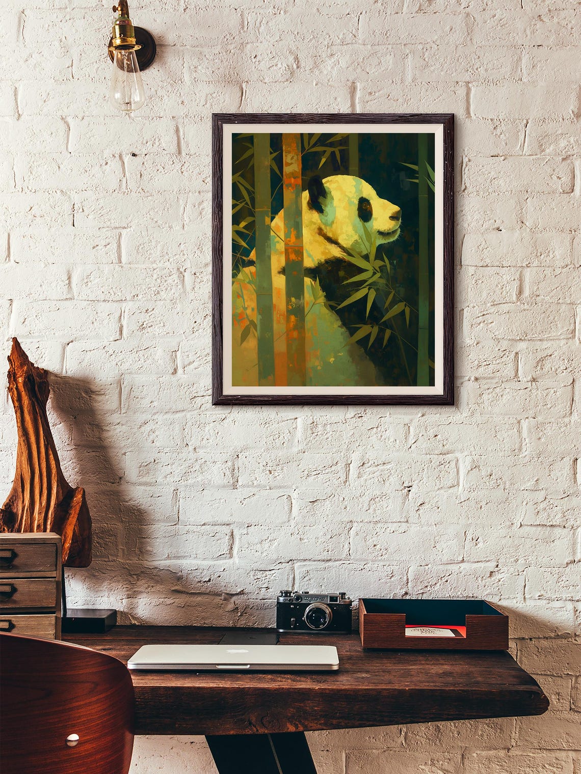 Moody Giant Panda Profile Peeking Through Dark Teal Bamboo Art Poster - Image 4
