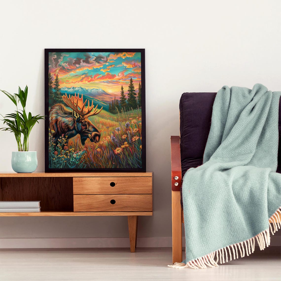 Moose in Wildflower Meadow Colorful Sunset Mountain View Poster - Image 7