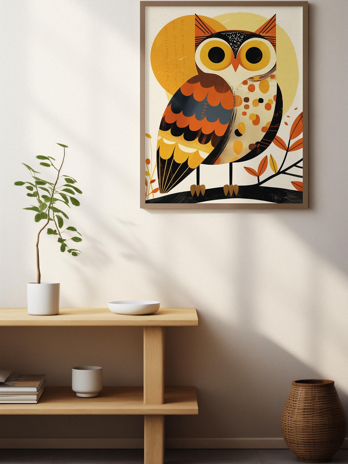 Whimsical Folk Art Owl on a Branch with a Warm Golden Sun Poster - Image 7