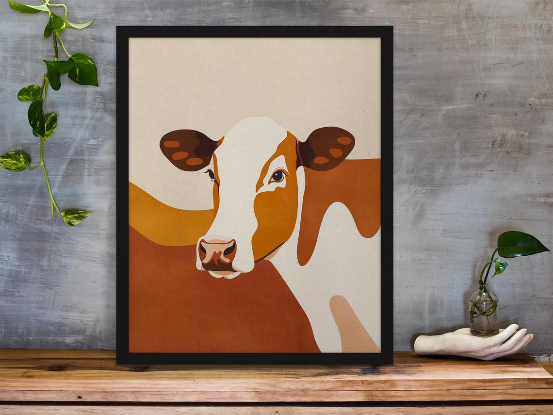 Contemporary Stylized Cow Portrait in Rich Burnt Orange Poster - Image 3