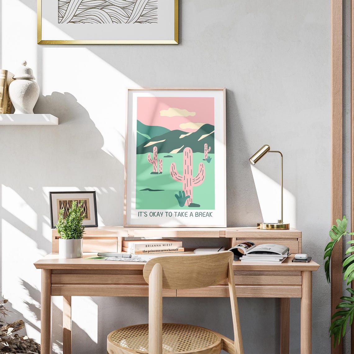 It's Okay to Take a Break Pink Desert Cactus Relaxation Poster - Image 3