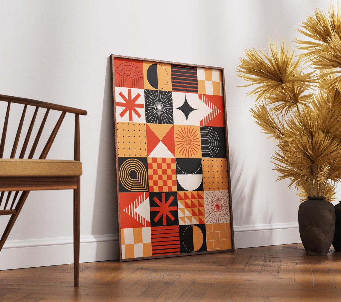 Retro Geometric Tile Grid Mid Century Modern Pattern Design Poster - Image 3