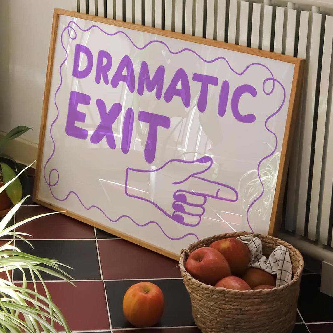 Dramatic Exit Purple Handwritten Funny Quote Poster with Pointing Hand