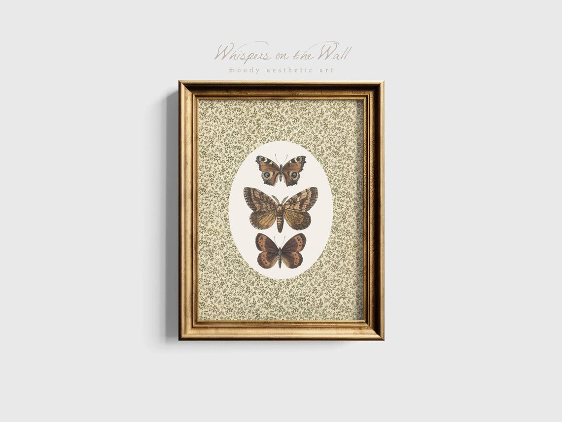 Vintage Butterfly Trio Illustrations Floral Olive Background Poster - Image 6