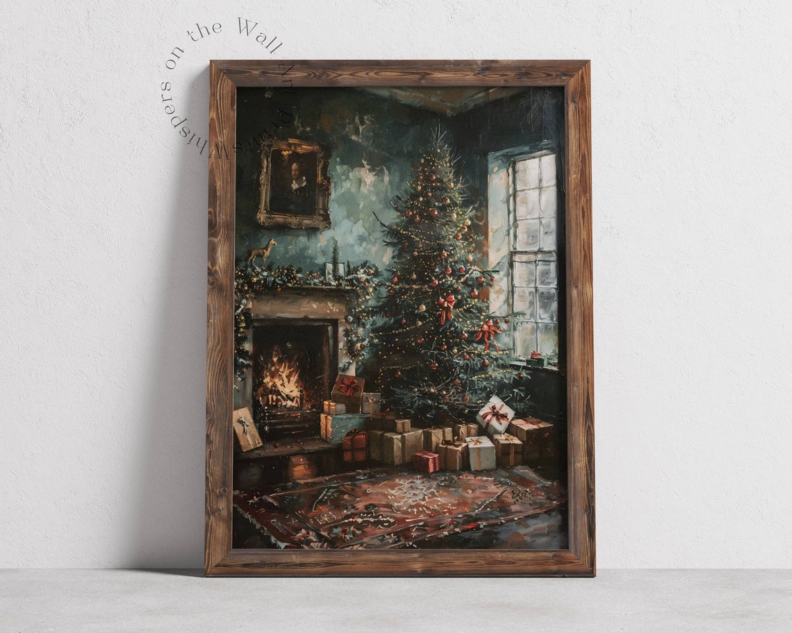 Vintage Christmas Tree Fireplace Cozy Victorian Holiday Room Poster - Image 6