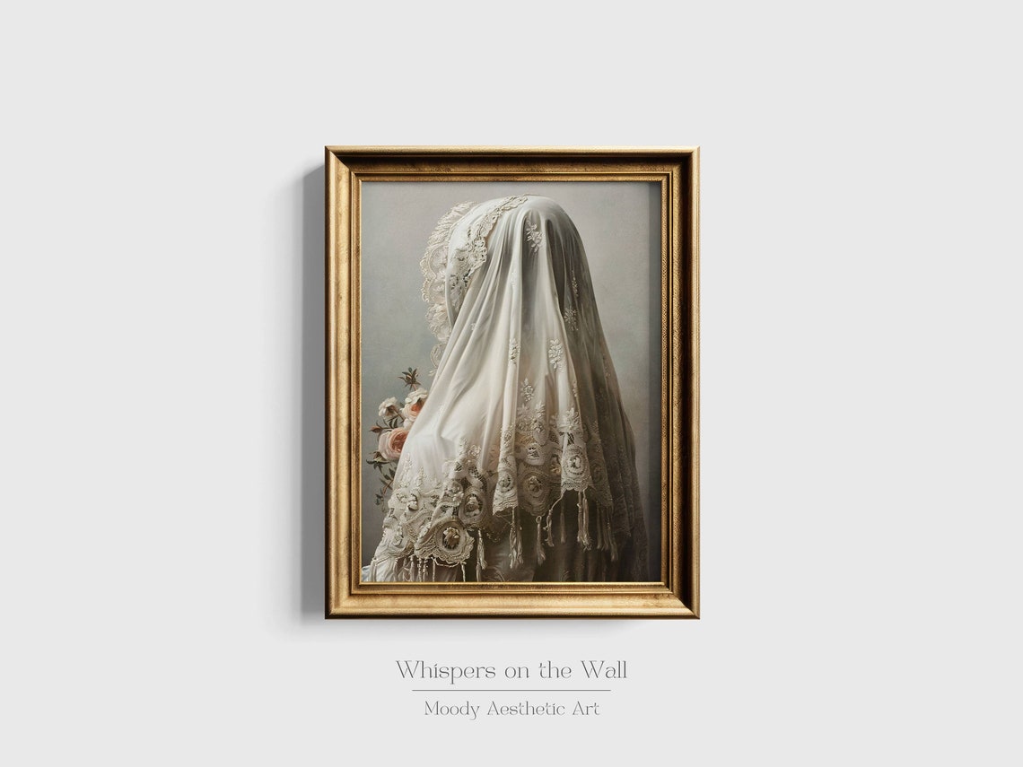 White Veiled Ghost With Lace Roses Spooky Vintage Art Poster - Image 6