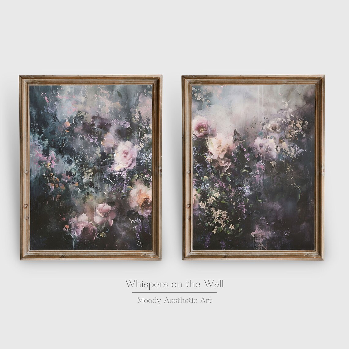 Pair Of Moody Abstract Floral Paintings With Blush Roses Dark Set Poster - Image 5