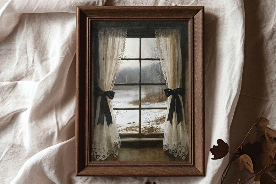 Black Bow Lace Curtain Window Snowy Winter View Coquette Poster - Image 2