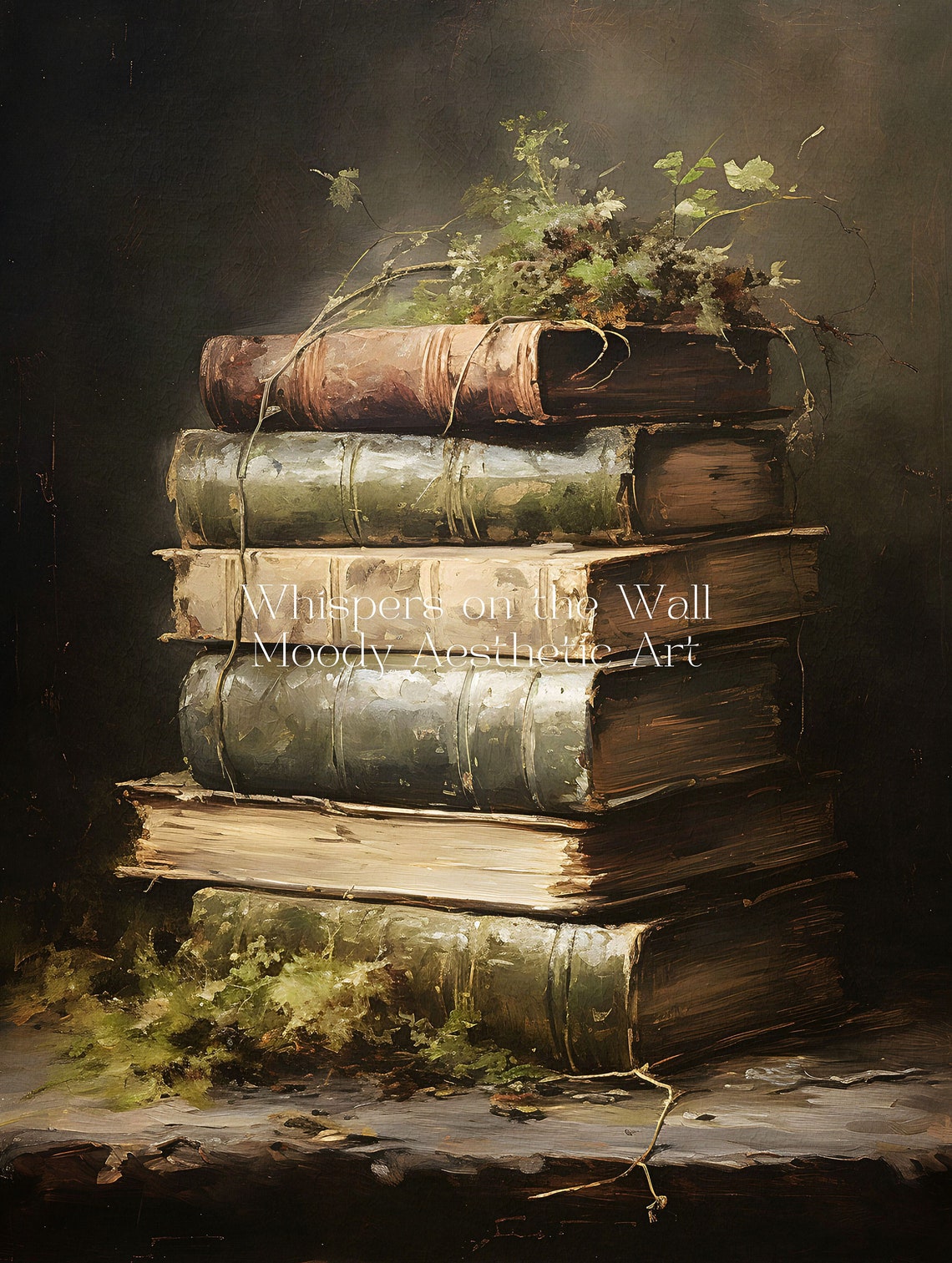 Vintage Stack of Old Books with Greenery Dark Academia Poster - Image 5