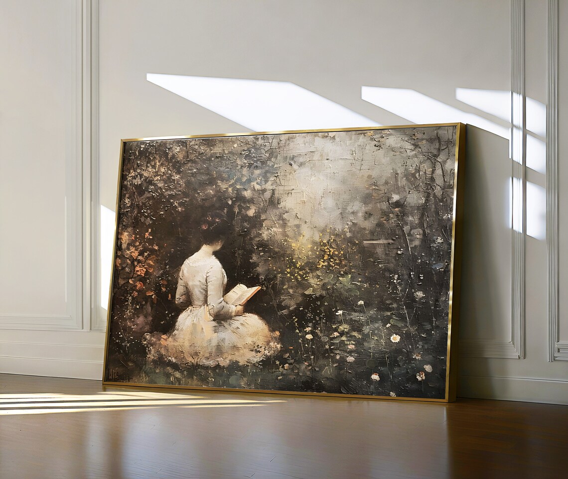 Woman Reading in Wildflower Garden Moody Vintage Painting Poster - Image 6