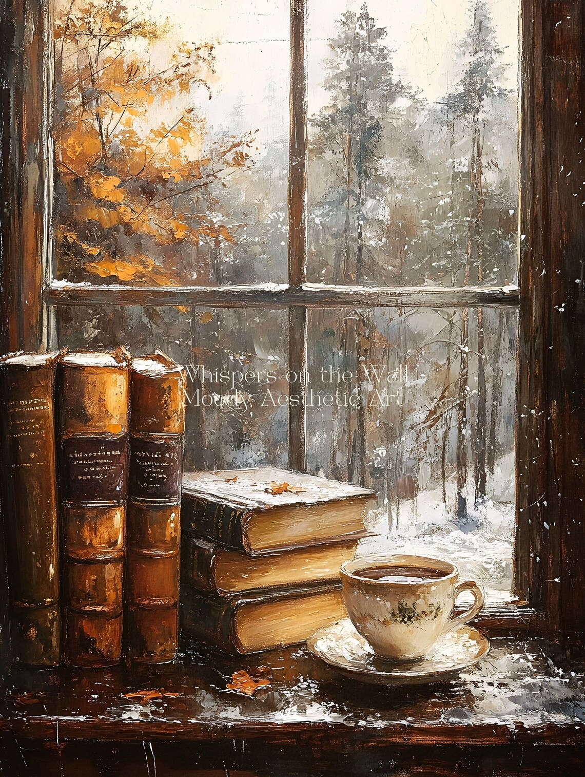 Books and Coffee Cup by Window Cozy Winter Library Painting Poster - Image 5