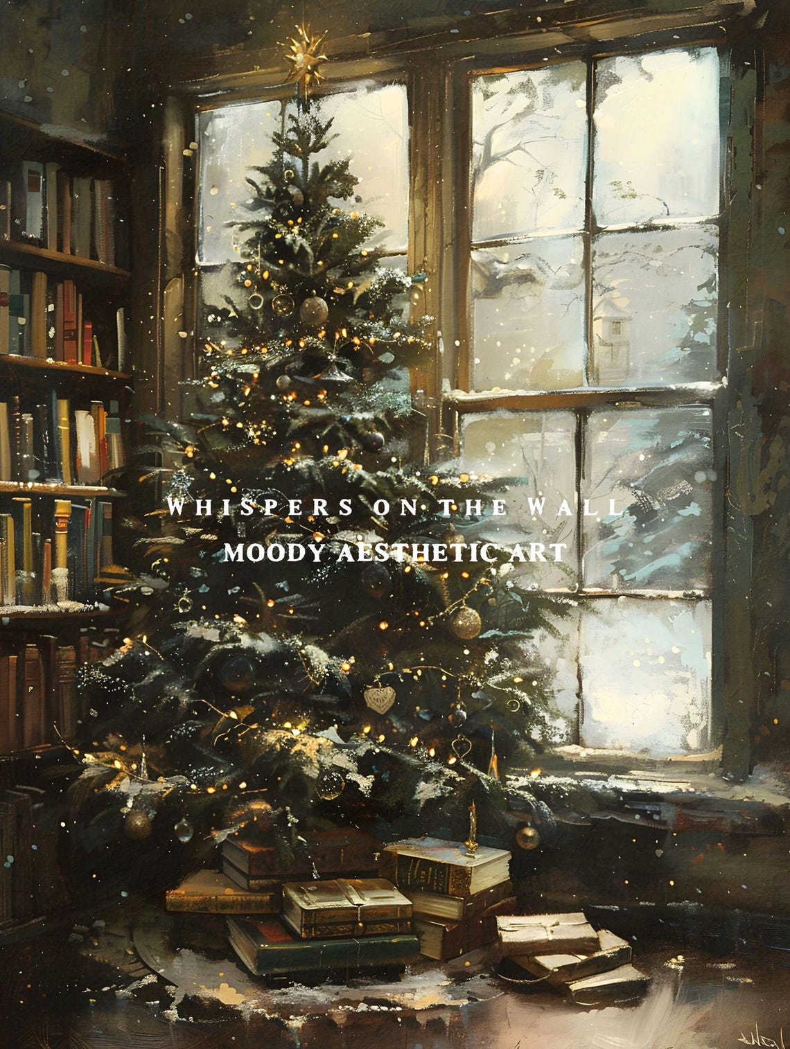 Christmas Tree in Cozy Library Window Bookish Holiday Oil Poster - Image 5