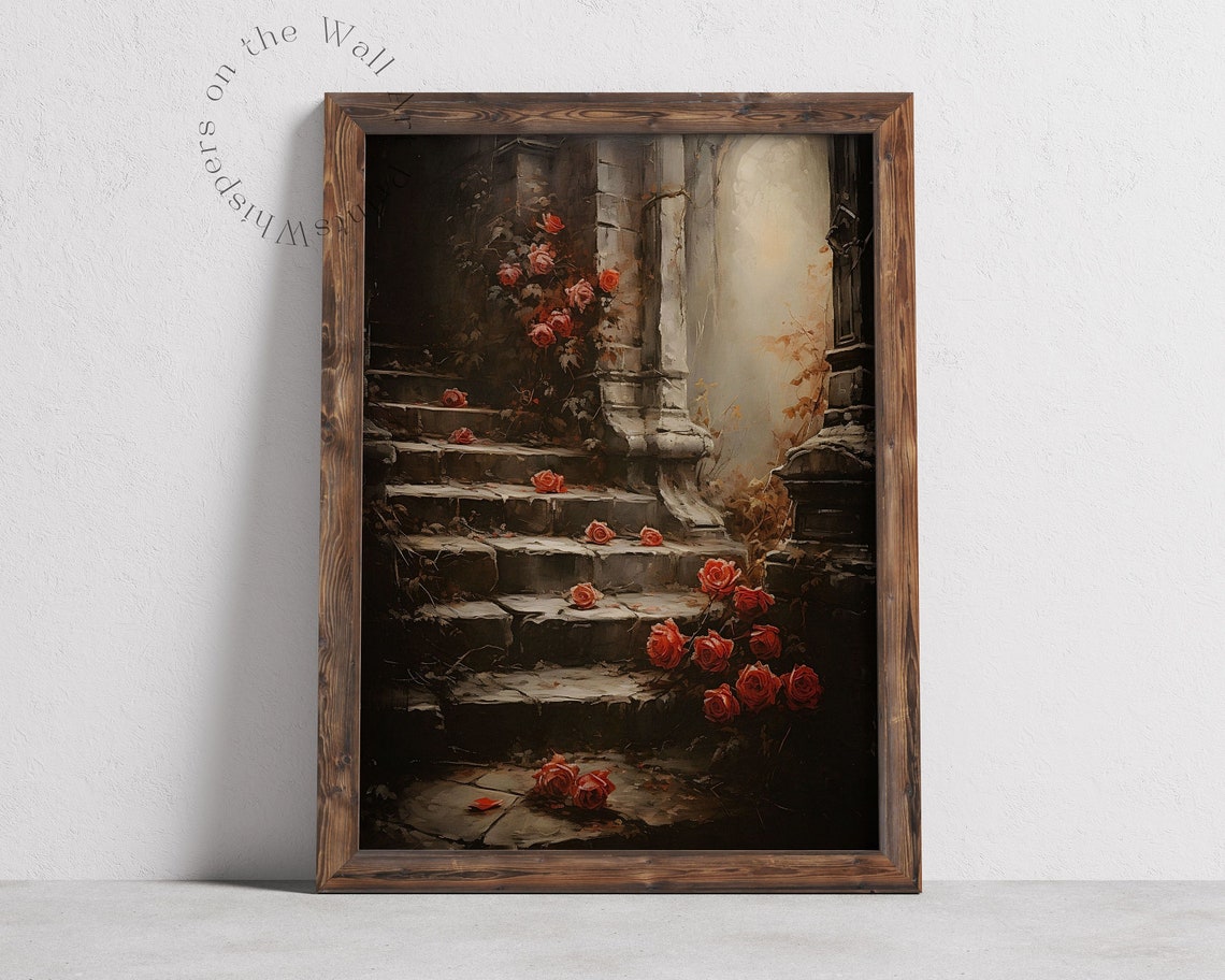 Red Roses on Dark Stone Stairs Moody Gothic Oil Painting Poster - Image 2