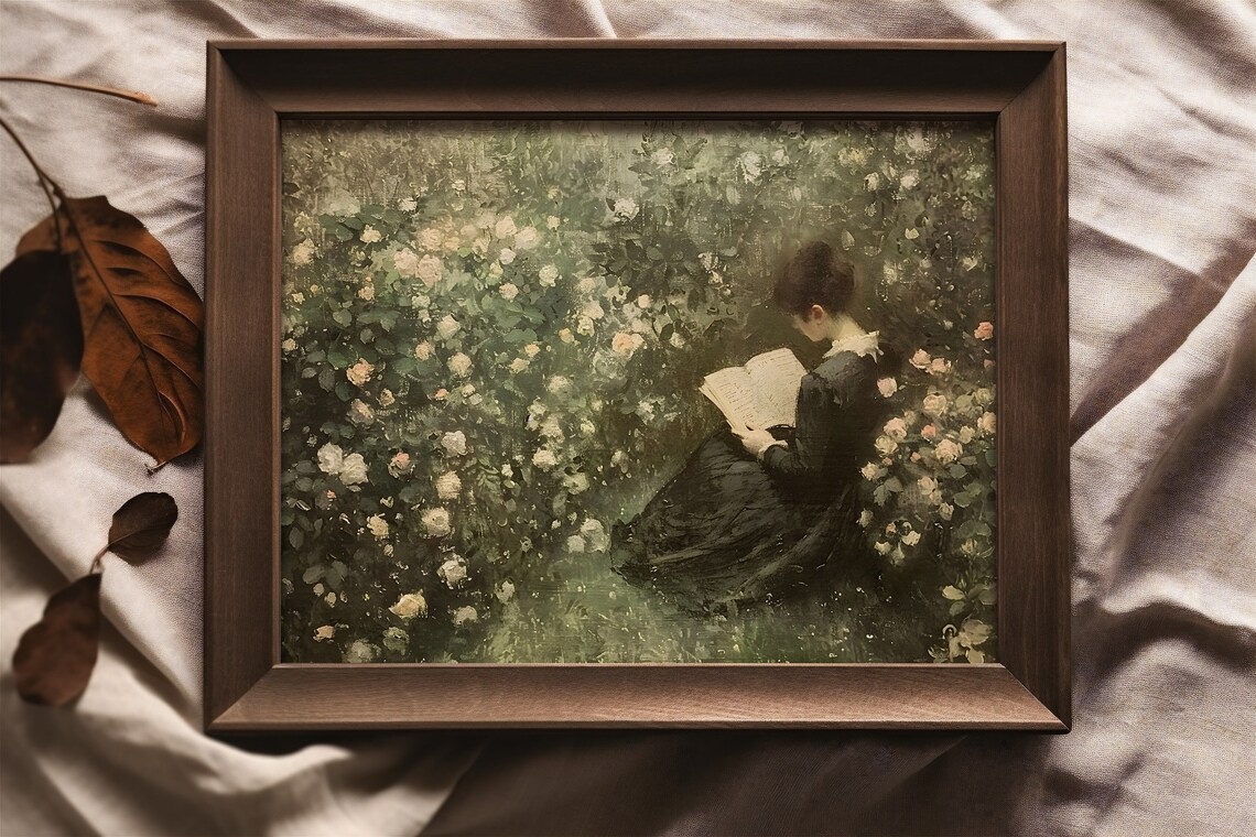 Reading In The Rose Garden Art Print, Victorian Decor - Image 2