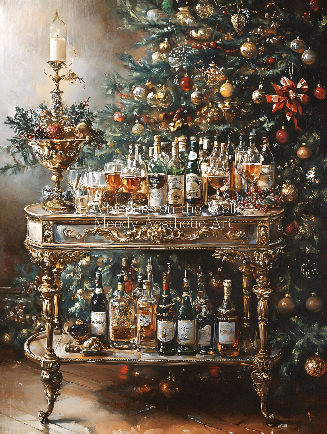 Christmas Bar Cart with Liquor Bottles Festive Holiday Oil Poster - Image 5