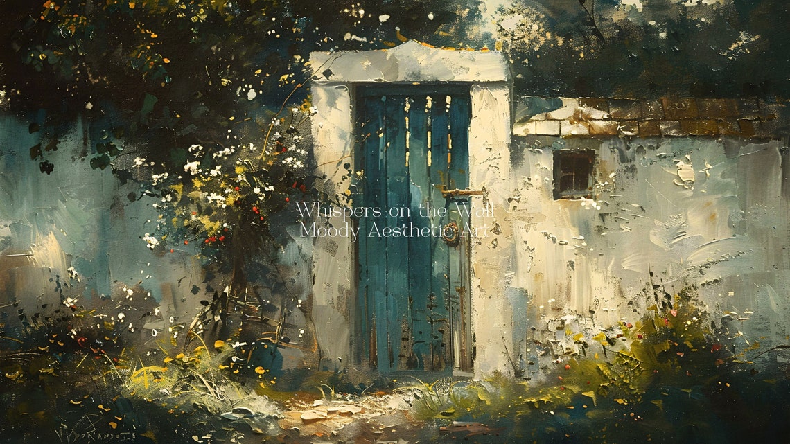 Weathered Blue Wooden Door In White Wall With Overgrown Garden Poster - Image 5