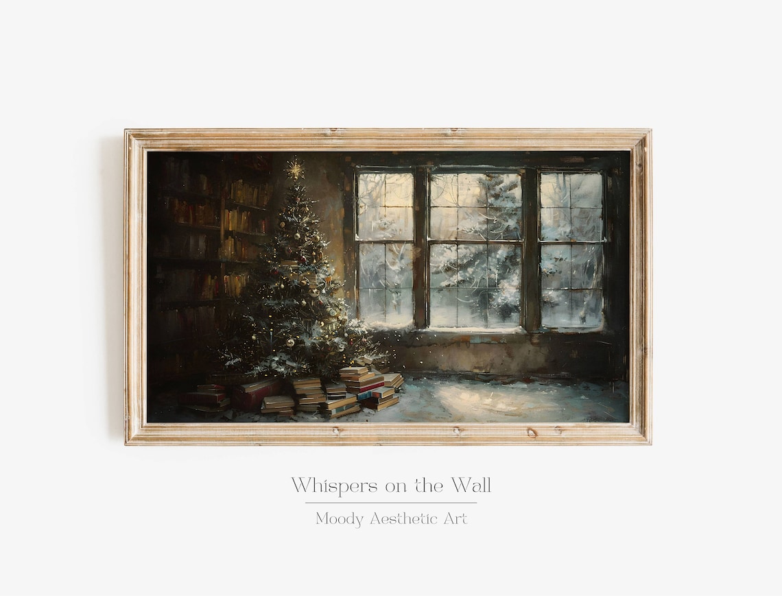 Vintage Christmas Tree Art Print, Moody Winter Decor