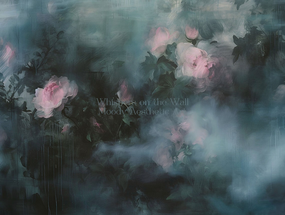 Soft Pink Impressionistic Floral Abstract on Dark Green Moody Poster - Image 4