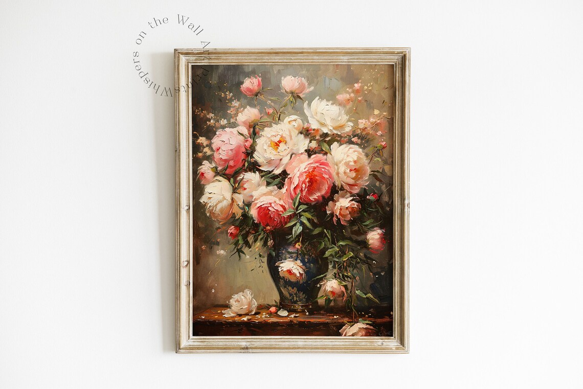 Moody Peony Bouquet Vintage Oil Painting Floral Still Life Poster - Image 6