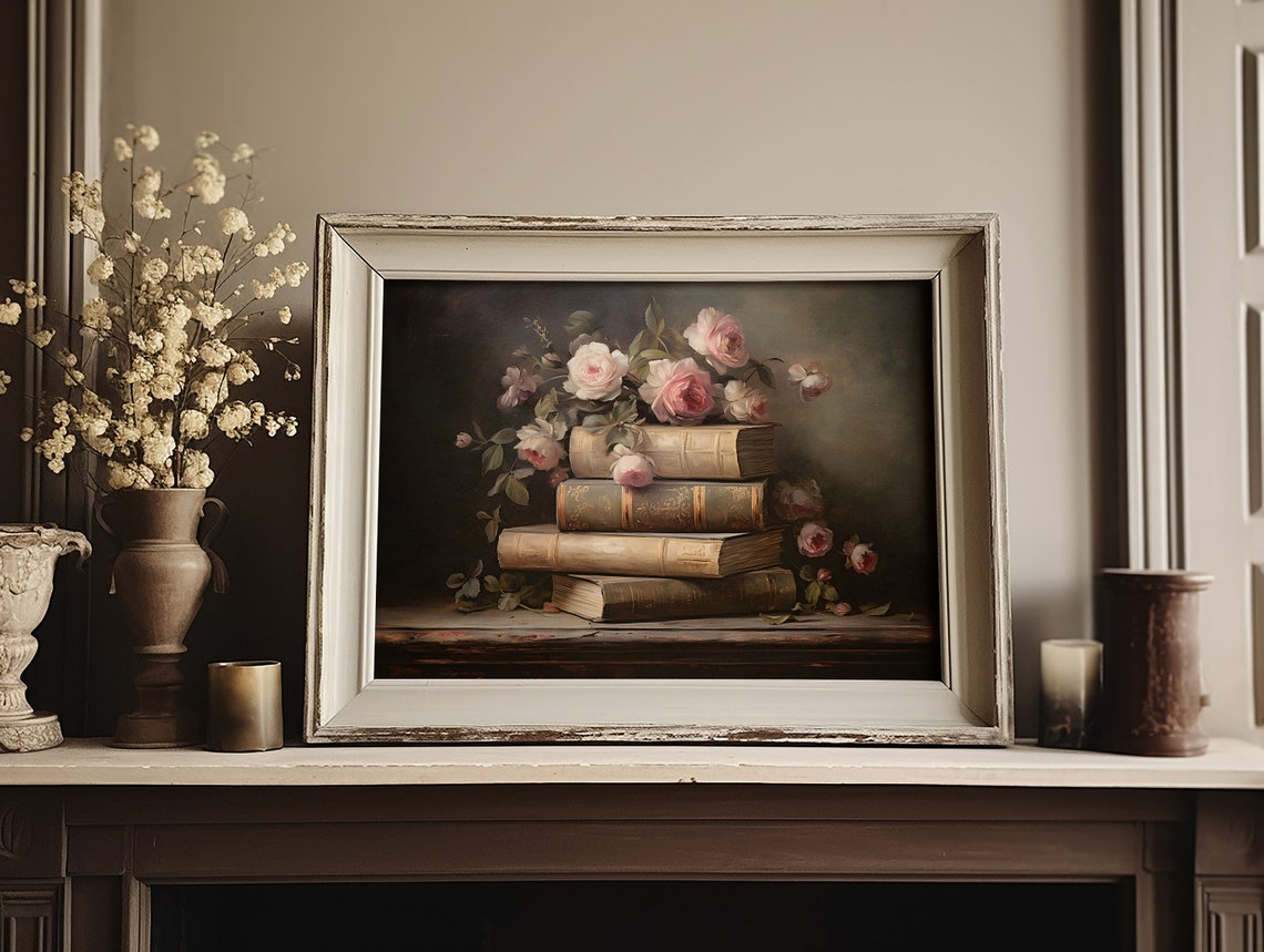 Stack Of Vintage Books With Pink Roses Dark Academia Still Life Poster - Image 3