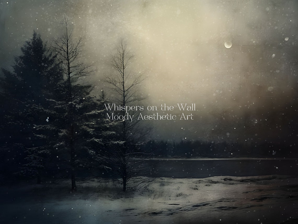 Moonlit Snowy Forest by Lake at Night Moody Winter Landscape Poster - Image 5