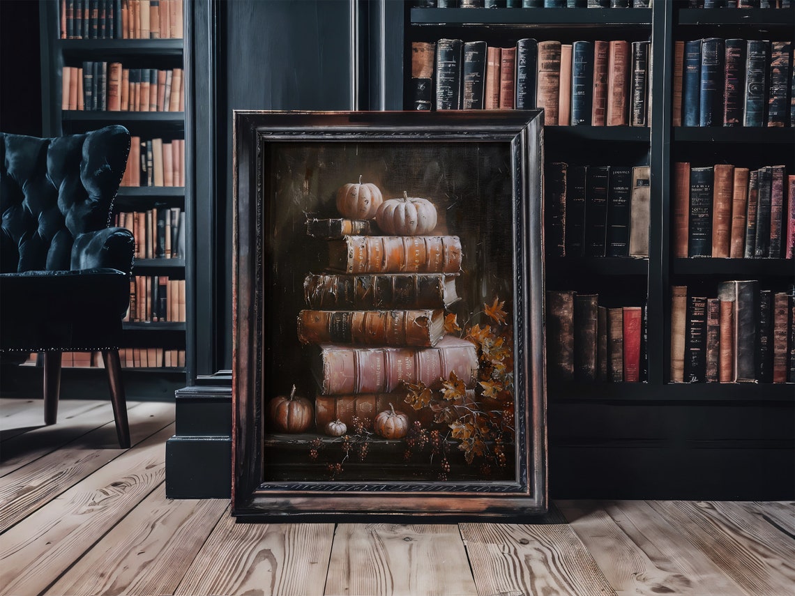 Stack of Antique Books with Pumpkins Dark Autumn Still Life Poster - Image 4