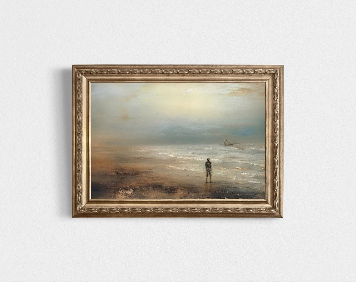 Spooky Misty Beach with Lone Skeleton Figure Sailboat Poster - Image 3