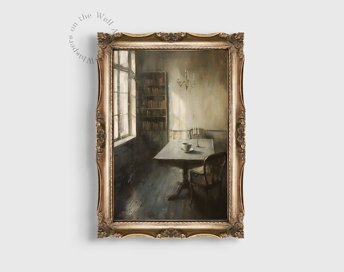Dim Dining Room With Bookshelf And Chandelier Moody Interior Painting Poster - Image 3