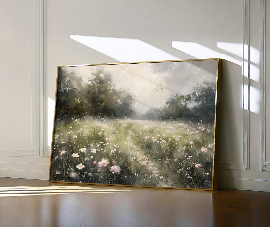 Misty Wildflower Meadow Path Vintage Landscape Painting Poster - Image 6