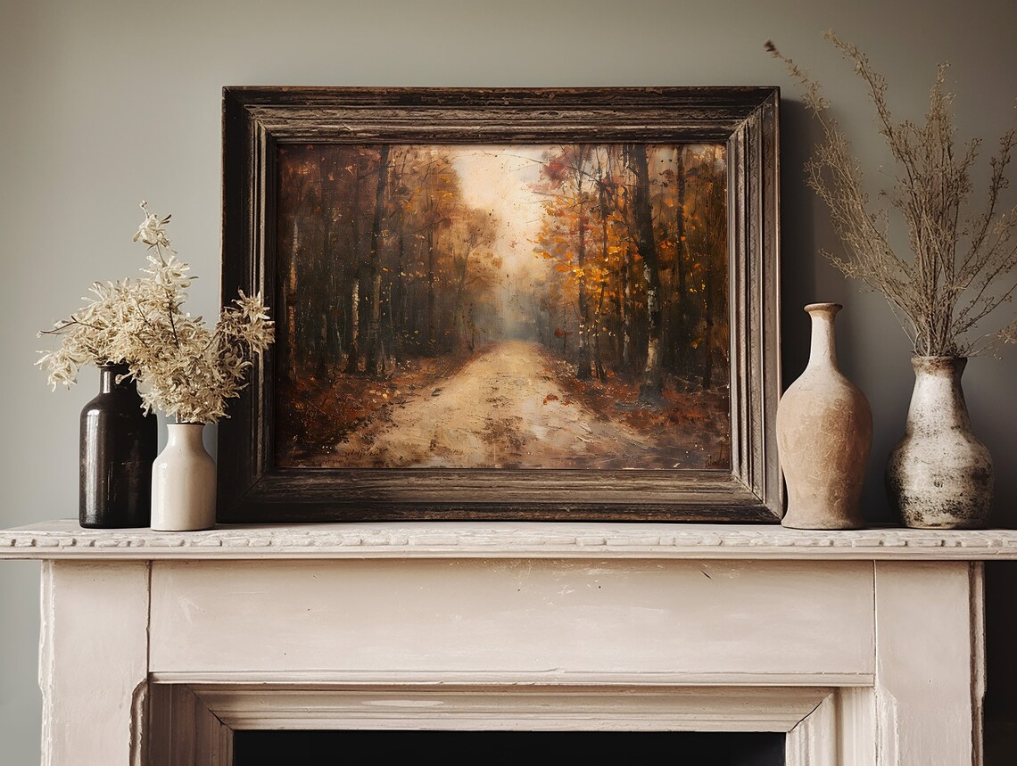 Moody Autumn Forest Road Vintage Fall Oil Painting Landscape Poster - Image 2