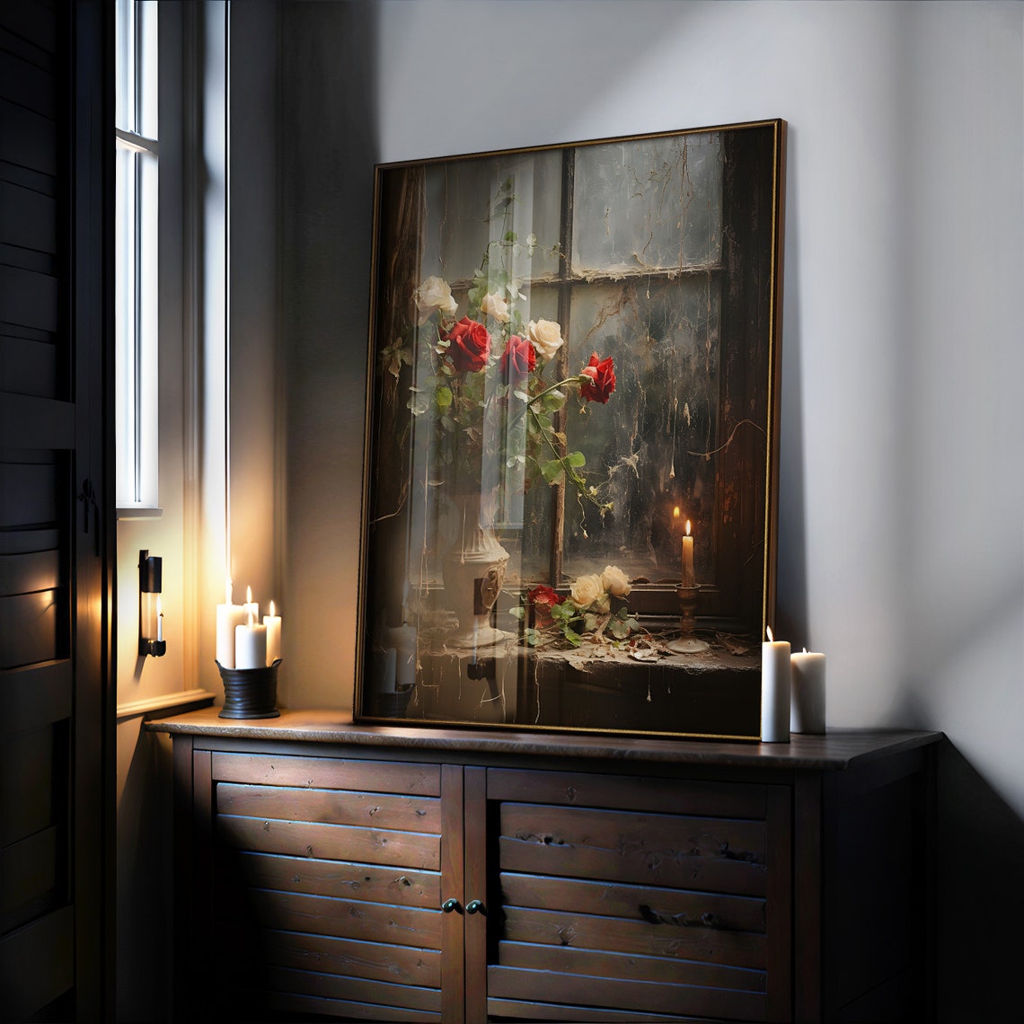 Red Roses in Vase Rainy Window Candle Moody Gothic Wall Poster - Image 3