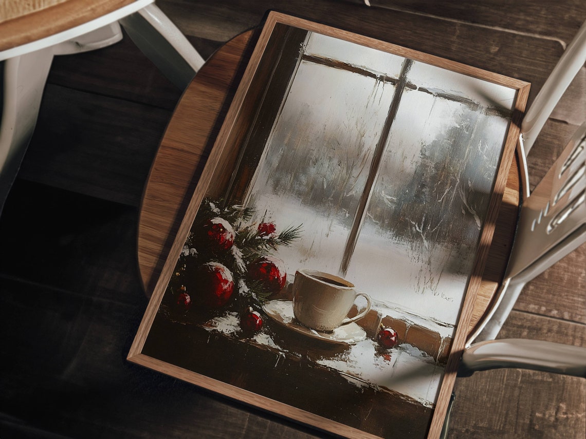 Christmas Coffee on Snowy Window with Ornaments Vintage Holiday Poster - Image 3