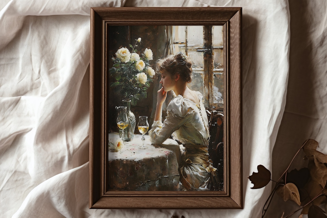 Vintage Woman with White Roses at Window Table Oil Painting Poster - Image 2