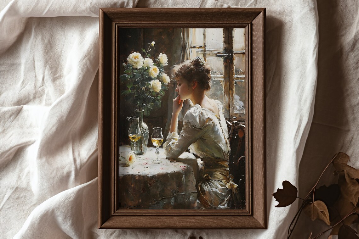 Woman With Wine Art Print Vintage Victorian Decor Wine Lover Gift Second Thoughts Valentines Moody Wall Art - Image 2