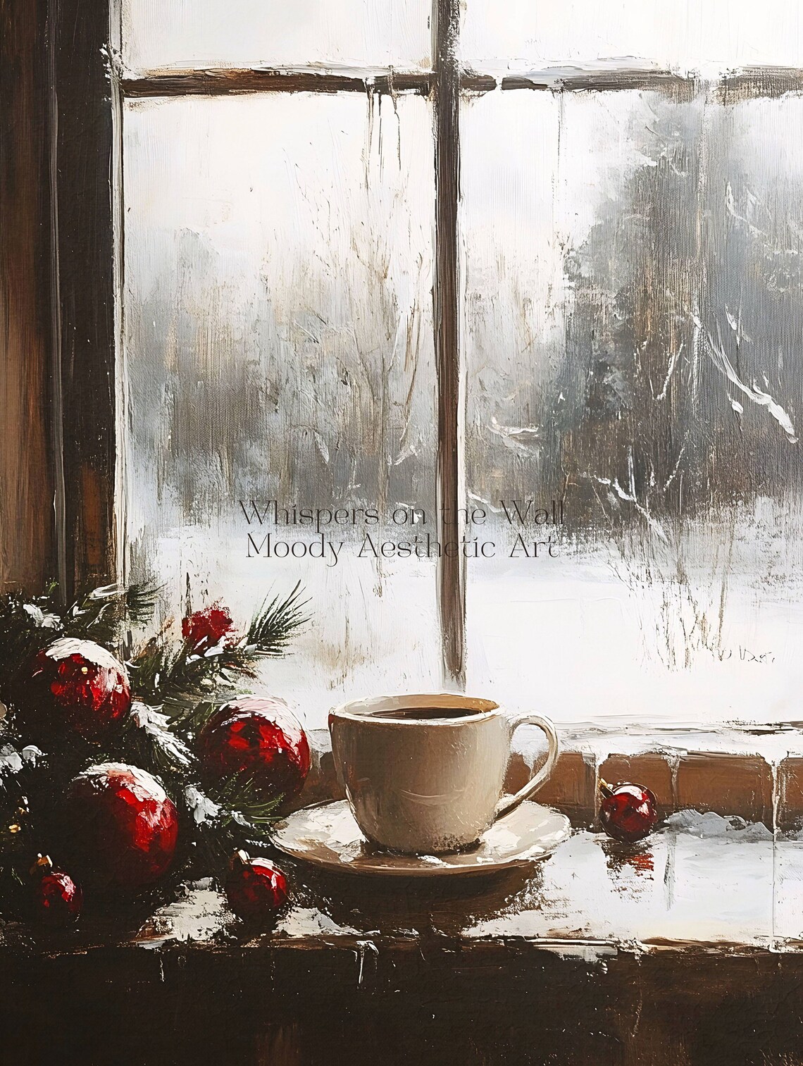 Christmas Coffee on Snowy Window with Ornaments Vintage Holiday Poster - Image 5