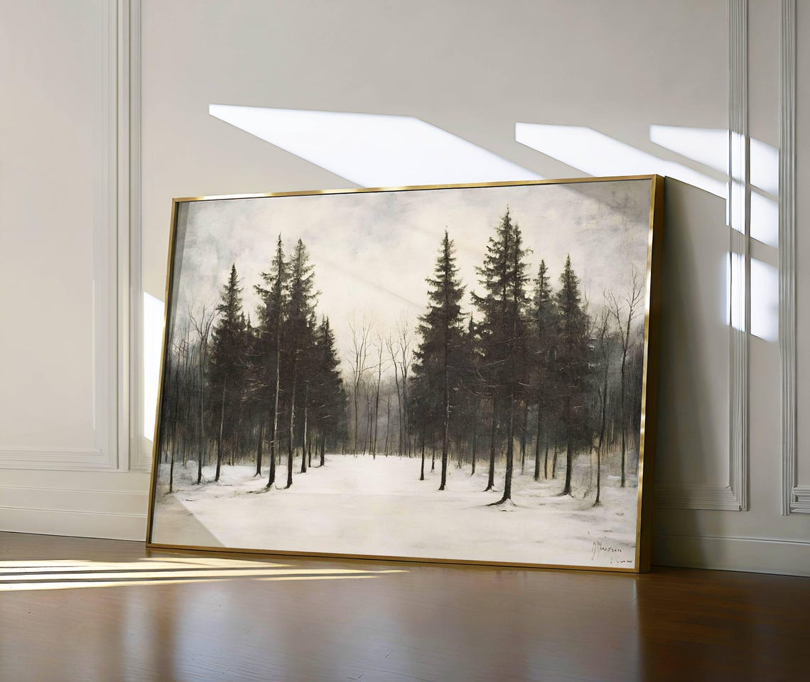 Dark Winter Pines Snowy Forest Minimalist Vintage Landscape Poster - Image 6