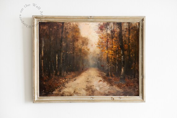 Vintage Fall Wall Art Moody Autumn Decor Rustic Landscape Painting Thanksgiving Art Forest Road Wall Art